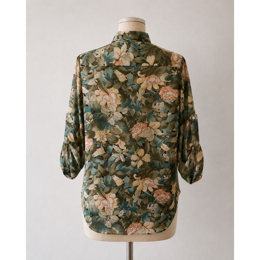 Vintage 70s Pucci Floral Blouse 9/10 Roll Tab Sleeve Boho Secretary Shirt Boho - Picture 3 of 11